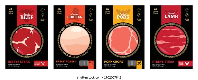 Vector butchery labels with farm animal faces. Cow, chicken, pig and sheep icons. Meat textures