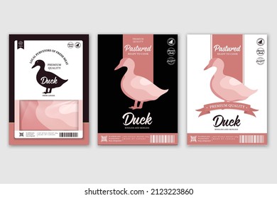 Vector butchery labels with farm animal silhouettes. Duck meat for groceries