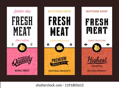 Vector butchery logo. Fresh beef, pork, chicken modern style labels. Farm animals icons. Butcher shop pattern and design elements.