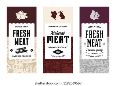 Logotipo de carnificina vetorial. Carne fresca, carne de porco, frango etiquetas estilo moderno. Ícones de animais de fazenda. Padrão de açougue e elementos de design.