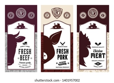 Vector butchery logo. Fresh beef, pork, chicken modern style labels. Farm animals icons. Butcher shop pattern and design elements.