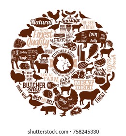Vector butchery logo, icons and farm animals silhouettes