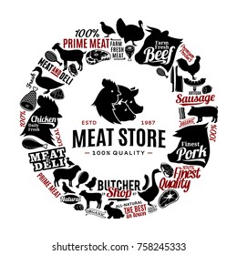 Vector butchery logo, icons and farm animals silhouettes