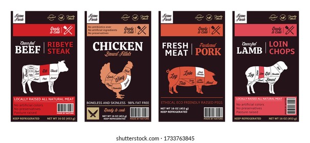 Vector butchery modern style labels. American (US) cuts of beef, chicken, pork and lamb diagrams