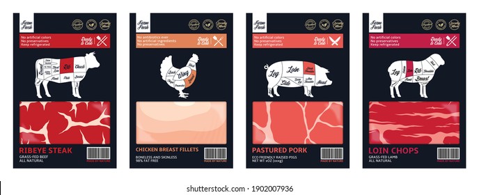 Vector butchery modern style labels. American (US) cuts of beef, chicken, pork and lamb diagrams