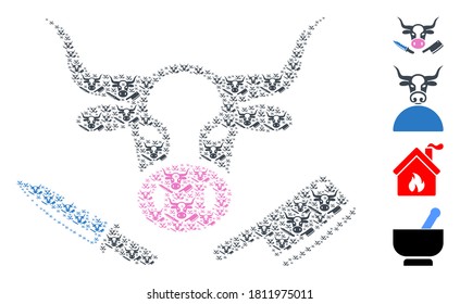 Vector butchery mosaic is formed of random recursive butchery parts. Fractal collage of butchery. Some other icons are present in this vector.