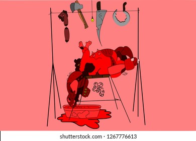 Vector Butchery Pig Killing Illustration Cruelty