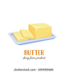 Vector Butter Icon. Sliced Farm Dairy Products On A Plate. Cartoon Style.