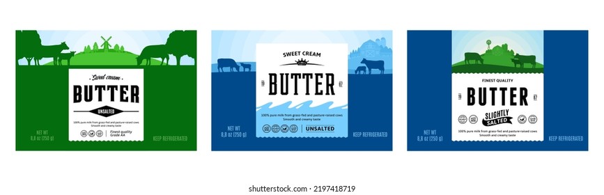 Vector butter label with cows, calves and farm. Butter packaging design template