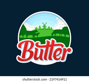 Vector Butter Logo With Cows, Calves And Farm. Butter Calligraphic Logotype