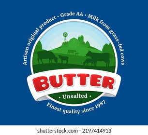 Vector butter logo with cows, calves and farm