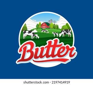 Vector Butter Logo With Cows, Calves And Farm. Butter Calligraphic Logotype