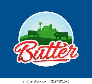 Vector Butter Logo With Cows And Farm. Butter Calligraphic Logotype