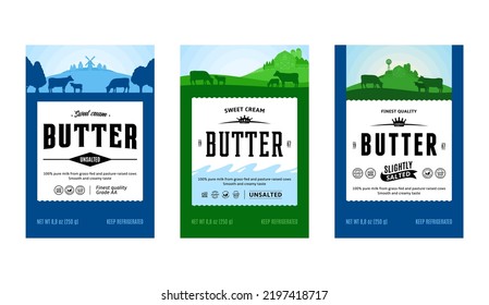 Vector Butter Logo. Sweet Cream Butter Labels With Cows, Calves And Farm