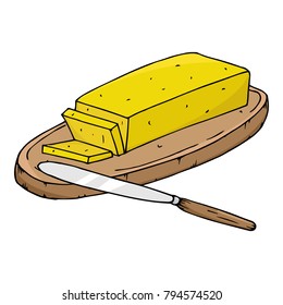 Vector butter. Piece of butter on a cutting board with a knife. Hand drawn.