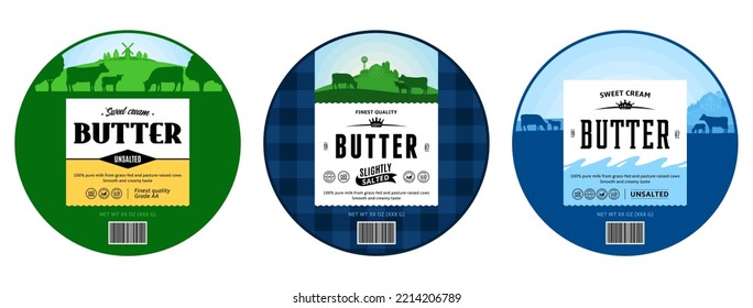 Vector butter round label with cows, calves and farm. Butter packaging design template