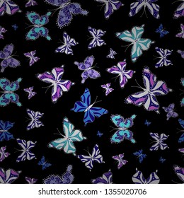 Vector. Vector with butterflies. Abstract seamless pattern for clothes, boys, girls, wallpaper. Illustration in blue, black and neutral colors.