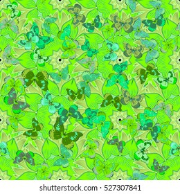 Vector Butterflies Among Branches Seamless Pattern Background with fun butterflies, leaves, flowers and branches forming a floral texture.
