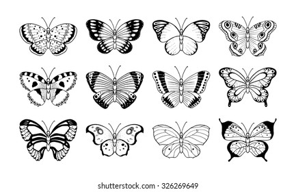 Vector butterflies clip art collection. Hand drawn design elements for greeting cards, posters, logo, tags, labels, scrapbook, wedding invitations. Monochrome butterflies outline illustration.