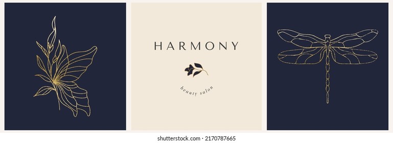 Vector butterflies and dragonfly abstract modern logo design templates in trendy linear style in gold tones - luxury and jewelry concepts for exclusive services and products, beauty and spa industry