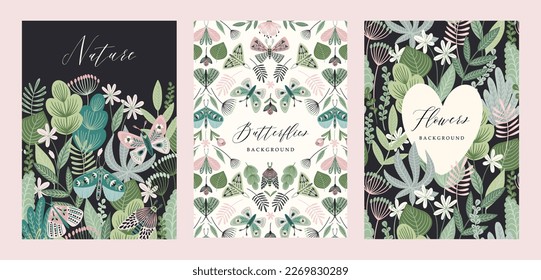 Vector butterflies and floral backgrounds. Templates for card, poster, flyer, cover, home decor and other use.