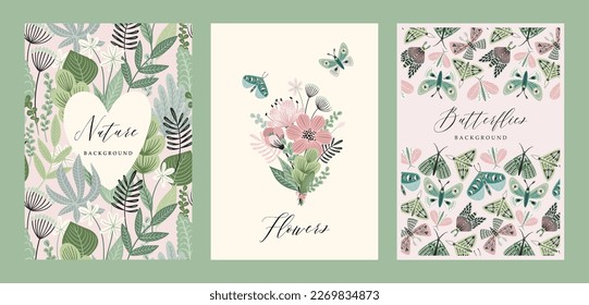 Vector butterflies and floral backgrounds. Templates for card, poster, flyer, cover, home decor and other use.