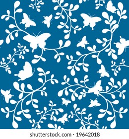 Vector Butterflies floral seamless wallpaper tile. Created in rich teal blue green and white.