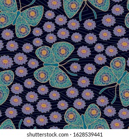Vector Butterflies with Floral Wings and Flowers in Blue, Green, and Purple on Dark Blue. Background for textiles, cards, manufacturing, wallpapers, print, gift wrap and scrapbooking.