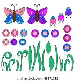 Vector Butterflies, flowers and leafs