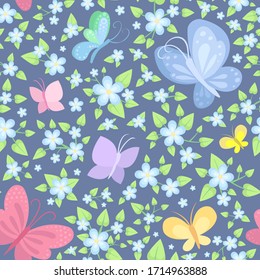 Vector Butterflies and Flowers Seamless Pattern