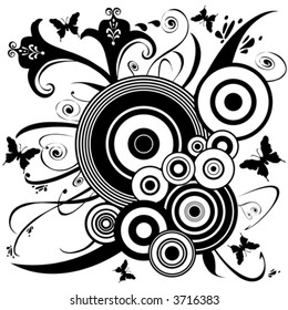 Vector Butterflies fluttering around flowers and foliage. Unique graphics and decorations in black on a white background.