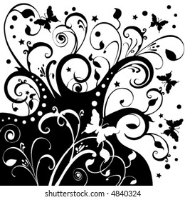 Vector Butterflies fluttering around flowers, foliage, stars. Black on a white background.