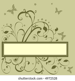 Vector Butterflies fluttering around flowers, foliage, stars. Created in earth tone colors. Add your own text if desired.