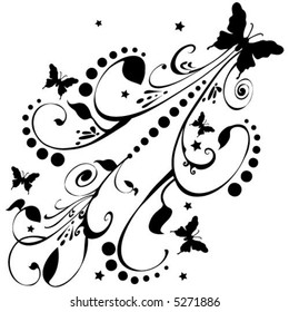 Vector Butterflies fluttering around flowers, foliage, stars. Black on a white background.