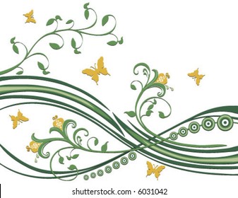 Vector Butterflies fluttering around flowers, foliage, circles. Greens and yellow on a white background.