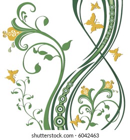 Vector Butterflies fluttering around flowers, foliage, circles. Greens and yellow on a white background.