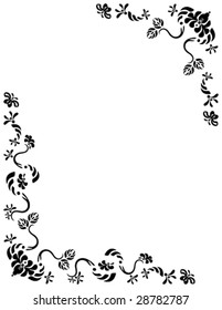 Vector Butterflies fluttering around foliage. Created in black on a white background. Add your own text if desired. Suitable for cards, flyers, letterheads, scrapbook, stationary.