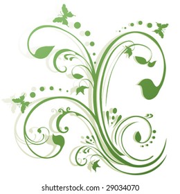 Vector Butterflies fluttering around foliage. Floral background in shades of green, simple gradient.