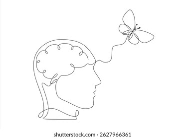 Vector of butterflies flying in people head. Editable stroke.
one line continuous drawing. 