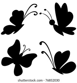 Vector, butterflies with opened wings, black silhouettes on white background