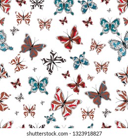 Vector butterflies pattern. Fashion nice fabric design. Illustration on pink, white and black colors. Abstract seamless background.
