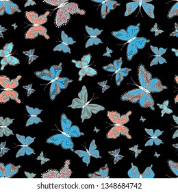 Vector butterflies pattern. Perfect for wallpapers, web page backgrounds, surface textures, textile. Pictures in blue, gray and black colors witg tropical butterflies. Abstract seamless background.