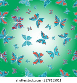 Vector butterflies pattern. Pictures in neutral, green and blue colors witg tropical butterflies. Perfect for wallpapers, web page backgrounds, surface textures, textile. Abstract seamless background.