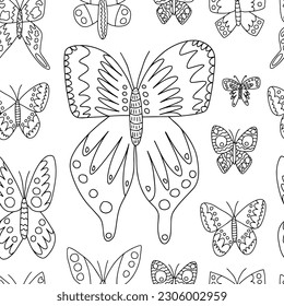 Vector butterflies seamess pattern. Hand drawn butterfly black and white pattern