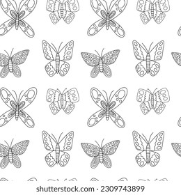 Vector butterflies seamess pattern. Hand drawn butterfly black and white pattern
