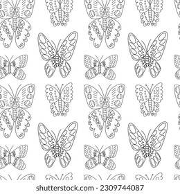 Vector butterflies seamess pattern. Hand drawn butterfly black and white pattern