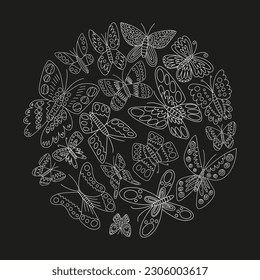 Vector butterflies set on black background. Doodle butterflies in round shape set