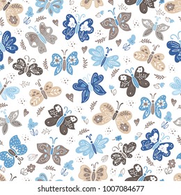 Vector butterflies spring pattern. Insects and flowers seamless background.