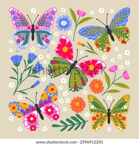 Vector butterfly collection. Colorful hand drawn butterflies with spring flowers. Cute elements for spring designs
