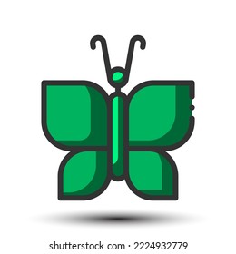 Vector butterfly filled line icon green monotone small shadow, environment and animal concept, 64x64 pixel perfect for website UI media, mobile application, poster design